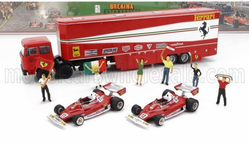 Brekina - FIAT 691 T TRUCK CAR TRANSPORTER ASSISTANCE WITH 6X FIGURES + 2X F1 FERRARI 312T2 N 11 WORLD CHAMPION NIKI LAUDA + N 12 CARLOS REUTEMANN SEASON 1977 RED