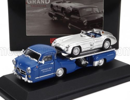 Brekina - MERCEDES BENZ SET 2X TRUCK RACING CAR TRANSPORTER RENNTRANSPORTER WITH 300 SLR SPIDER 1955 BLUE SILVER