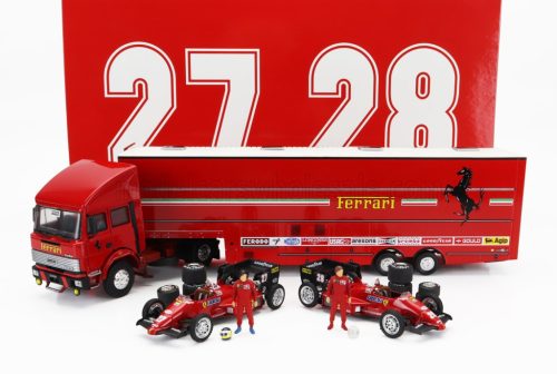 Brumm - IVECO FIAT FIAT IVECO 190 TRUCK CAR TRANSPORTER MONACO GP 1984 WITH 2X F1 FERRARI 126CK TURBO N 27 MICHELE ALBORETO - N 28 RENE ARNOUX + FIGURES AND ACCESSORIES RED