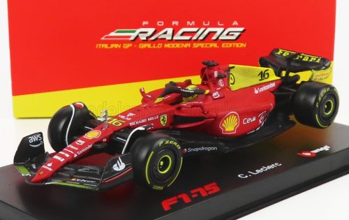 Burago - FERRARI F1-75 SCUDERIA FERRARI N 16 2nd MONZA GP ITALY (POLE POSITION) 2022 CHARLES LECLERC - WITH HELMET AND PLASTIC SHOWCASE - EXCLUSIVE CARMODEL RED YELLOW