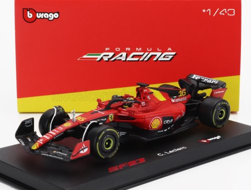 Burago - FERRARI F1  SF-23 TEAM SCUDERIA FERRARI N 16 4th MONZA ITALY GP 2023 CHARLES LECLERC - WITH PILOT AND SHOWCASE RED BLACK YELLOW