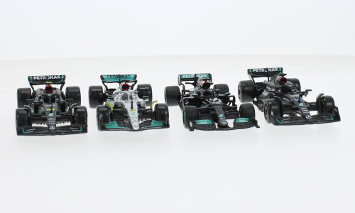 Burago - Bburago, Mercedes 4er Set: Mercedes AMG Formula 1, Formel 1, Mercedes AMG Petronas Formula One Team, Petronas, 1:43