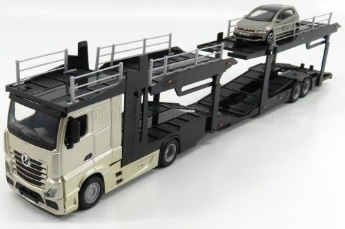 Burago - MERCEDES BENZ ACTROS 2 2545 TRUCK CAR TRANSPORTER 2016 WITH VOLKSWAGEN POLO GTi GOLD MET BLACK GREY MET