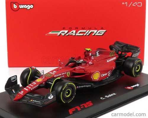 Burago - Ferrari F1-75 Scuderia Ferrari N 55 Season 2022 Carlos Sainz With Helmet And Plastic Showcase - Exclusive Carmodel Red