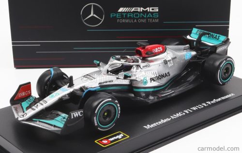 Burago - Mercedes Gp F1 W13E Team Mercedes-Amg Petronas F1 N 63 Season 2022 George Russel - With Helmet And Plastic Showcase Silver Green