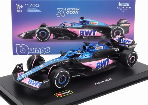 Burago - RENAULT F1  A523 TEAM BWT ALPINE F1 N 31 SEASON 2023 ESTEBAN OCON - CON PILOTA E VETRINA - WITH PILOT AND SHOWCASE BLUE BLACK PINK