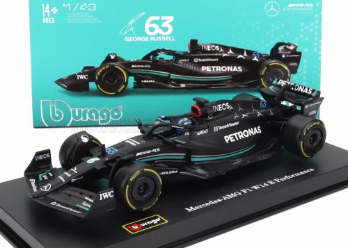 Burago - MERCEDES GP F1 W14 TEAM MERCEDES-AMG PETRONAS FORMULA ONE N 63 SEASON 2023 GEORGE RUSSEL - CON PILOTA E VETRINA - WITH PILOT AND SHOWCASE MATT BLACK