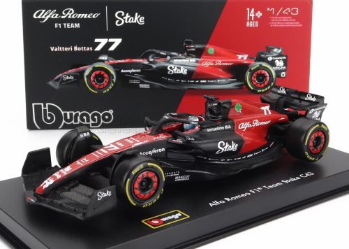 Burago - ALFA ROMEO F1  C43 TEAM STAKE N 77 SEASON 2023 VALTTERI BOTTAS - CON PILOTA E VETRINA - WITH PILOT AND SHOWCASE - EXCLUSIVE CARMODEL BLACK RED