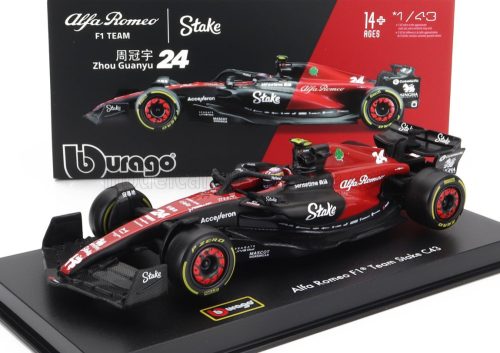 Burago - ALFA ROMEO F1  C43 TEAM STAKE N 24 SEASON 2023 GUANYU ZHOU - CON PILOTA E VETRINA - WITH PILOT AND SHOWCASE - EXCLUSIVE CARMODEL BLACK RED