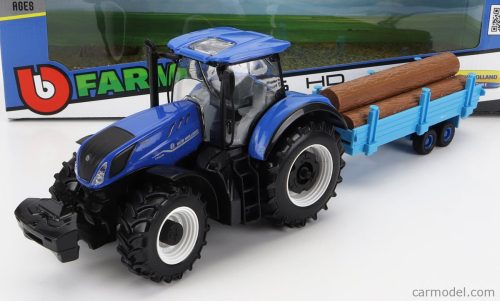 Burago - New Holland T7.315 Tractor With Logs Of Wood Trailer 2018 Blue