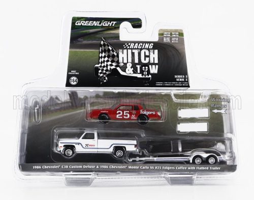 Greenlight - CHEVROLET C-30 PICK-UP CUSTOM DELUXE 1986 WITH TRAILER + MONTE CARLO SS N 25 RACING 1986 WHITE RED