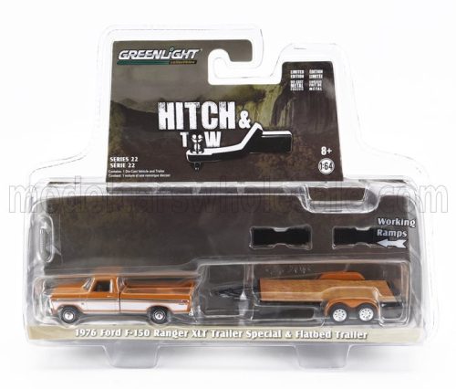 Greenlight - FORD USA F-150 PICK-UP RANGER XLT WITH TRAILER CAR TRANSPORTER 1976 YELLOW WHITE