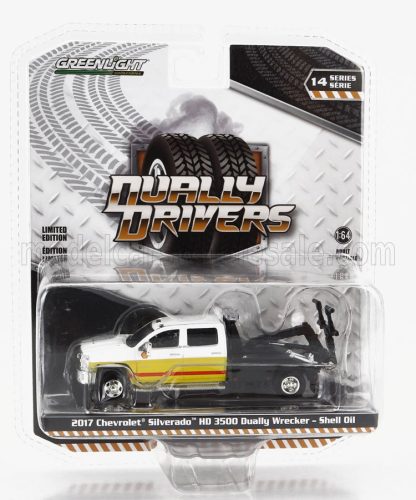 Greenlight - CHEVROLET SILVERADO 3500HD PICK-UP WRECKER CARRO ATTREZZI - WRECKER ROAD SERVICE SHELL OIL 2017 WHITE YELLOW BLACK