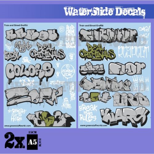 Green Stuff World - Waterslide Decals - Train And Graffiti Mix - Silver And Gold