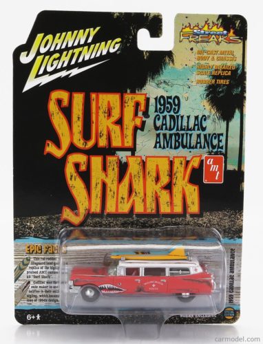 Johnny Lightning - Cadillac Eldorado Ambulance With Shark Graphics An Surfboards 1959 Rusty Red White