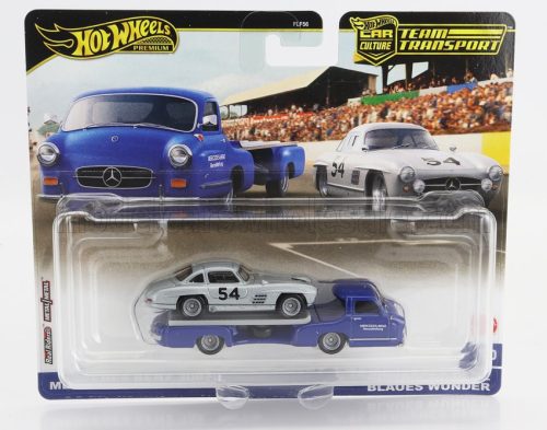 Mattel Hot Wheels - MERCEDES BENZ TRUCK CAR TRANSPORTER WITH 300SL N 54 RACING 1955 BLUE SILVER