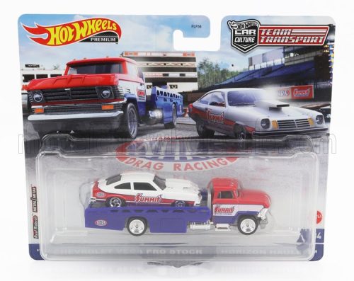 Mattel Hot Wheels - TRUCK HORIZON RAMP TRUCK HAULER CAR TRANSPORTER WITH CHEVROLET VEGA RACING 1974 RED WHITE BLUE