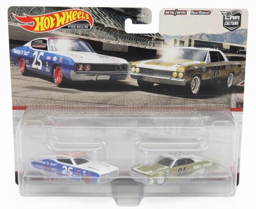 Mattel Hot Wheels - FORD USA SET 2X TORINO TALLADEGA N 25 RACING + CHEVROLET CHEVELLE N 86 RACING 1966 WHITE BLUE GOLD