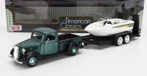 Motor-Max - FORD USA PICK-UP WITH TRAILER + BOAT 1937 GREEN MET WHITE