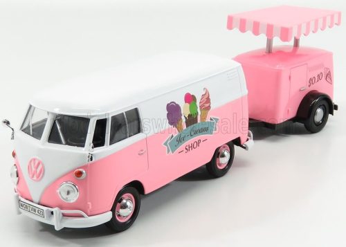 Motor-Max - VOLKSWAGEN T1 TYPE 2 VAN ICE CREAM WITH TRAILER 1962 WHITE PINK