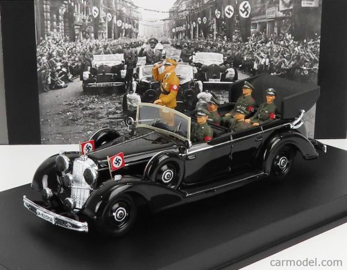 Riomodels - Mercedes Benz 770K Parade Cabriolet Open 1938 With Figures Adolf Hitler - Hermann Göring - Heinrich Himmler - Reinard Heydrich - Joseph Goebbels - Ss Driver Erich Kempka Military Black