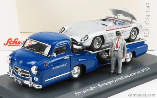 Schuco - Mercedes Benz Racing Car Transporter Truck Rennwagen 1955 With 300 Slr Spider Blue Silver