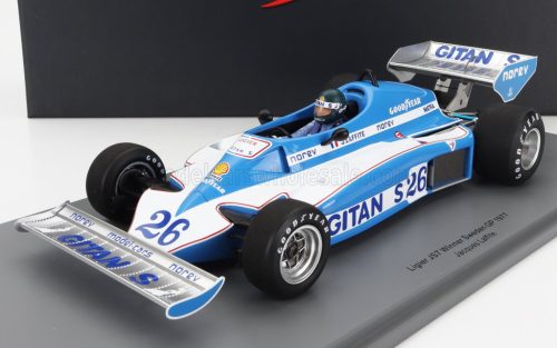 Spark - LIGIER F1  JS7 N 26 WINNER GP SWEDEN 1977 JACQUES LAFFITE - CON VETRINA - WITH SHOWCASE - SPECIAL BOX LIGHT BLUE WHITE