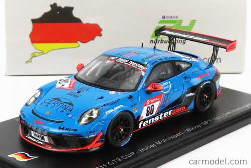 Spark-Model - Porsche 911 991-2 Gt3 Cup Team Huber Motorsport N 80 Winner Sp7 Class 24H Nurburgring 2021 H.Wehrmann - U.Berg - M.Van Ramshorst - A.Mies Blue Black